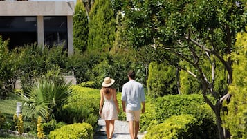 A pathway flanked by lush greenery and a building with a modern design.
