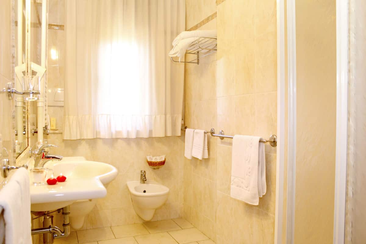 standard double room | bathroom | shower, free toiletries, hair dryer, bidet
