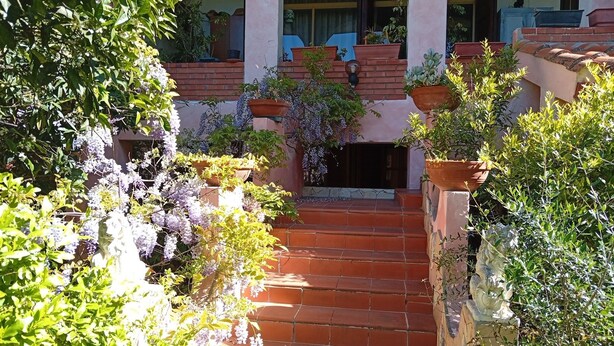 Um jardim com uma escadaria de tijolos que leva à entrada de um edifício, rodeado por vasos com plantas e vegetação.