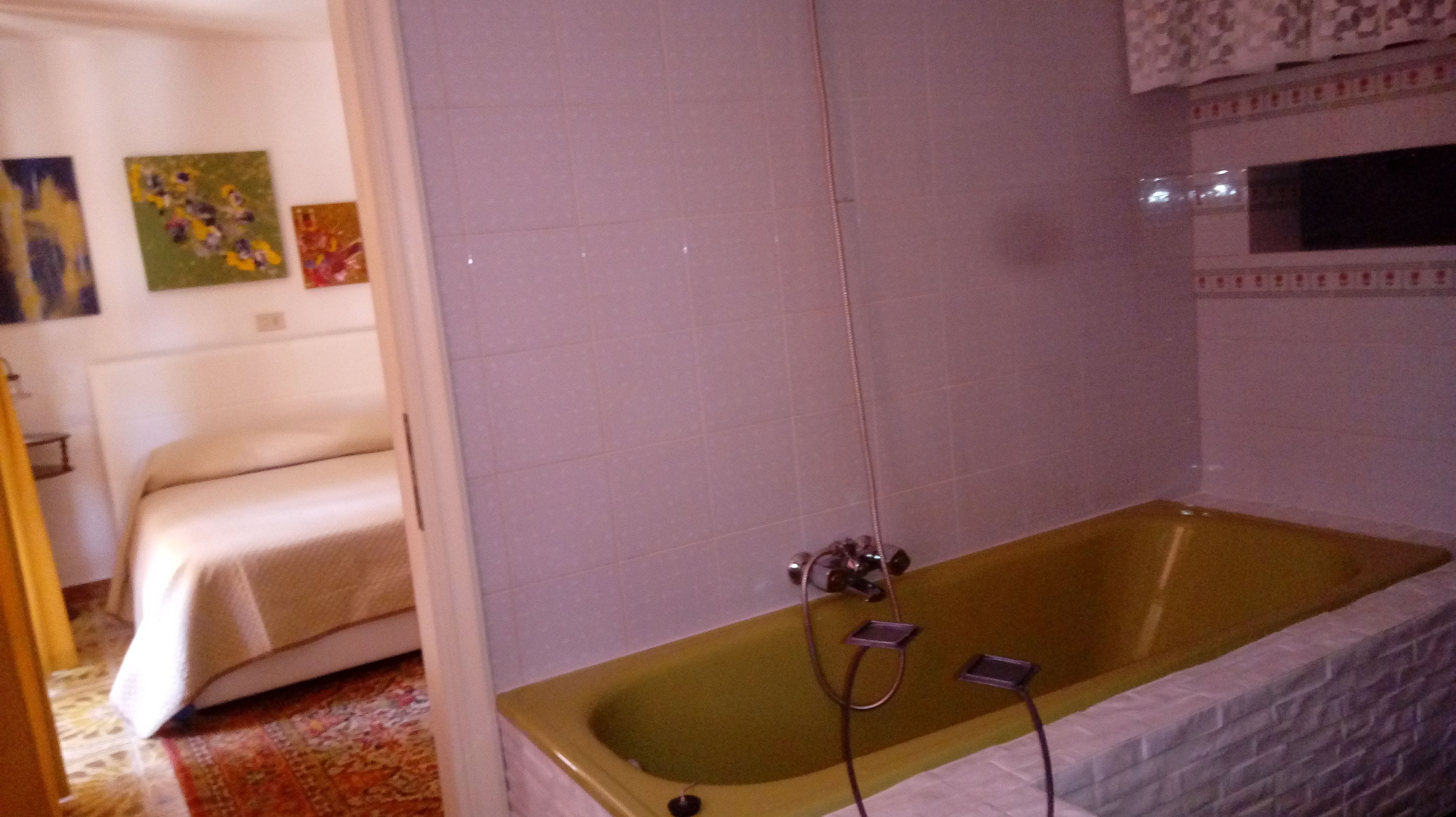 Ein Badezimmer mit Badewanne, Dusche und einem Bett.