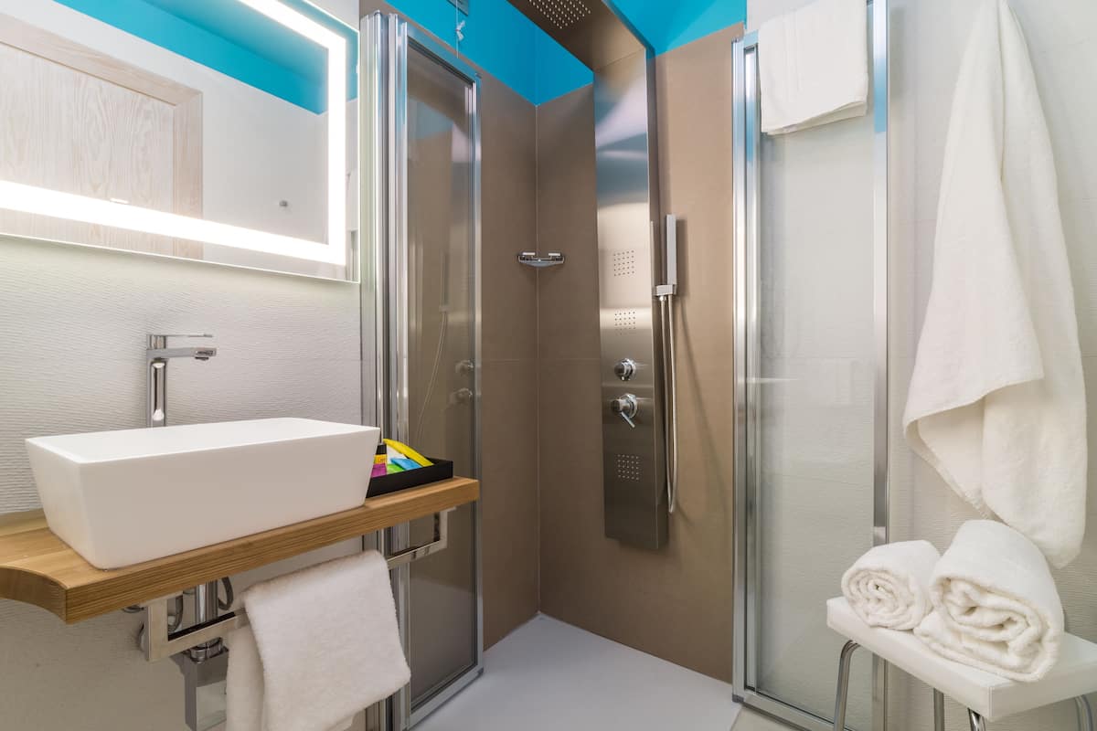 shower, hydromassage showerhead, free toiletries, hair dryer