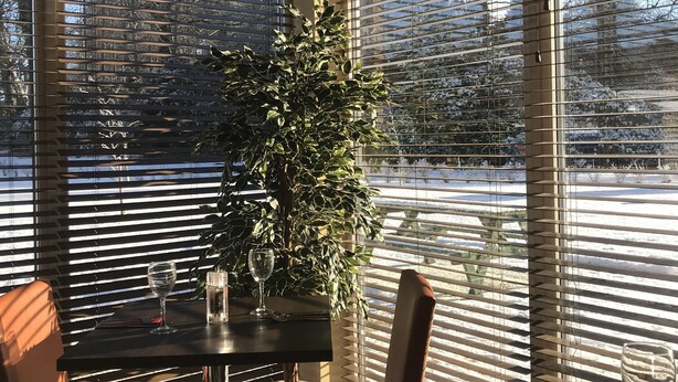 A dining area with a table, chairs, and a potted plant. - Riverstone Lodge Hotel (Perth)