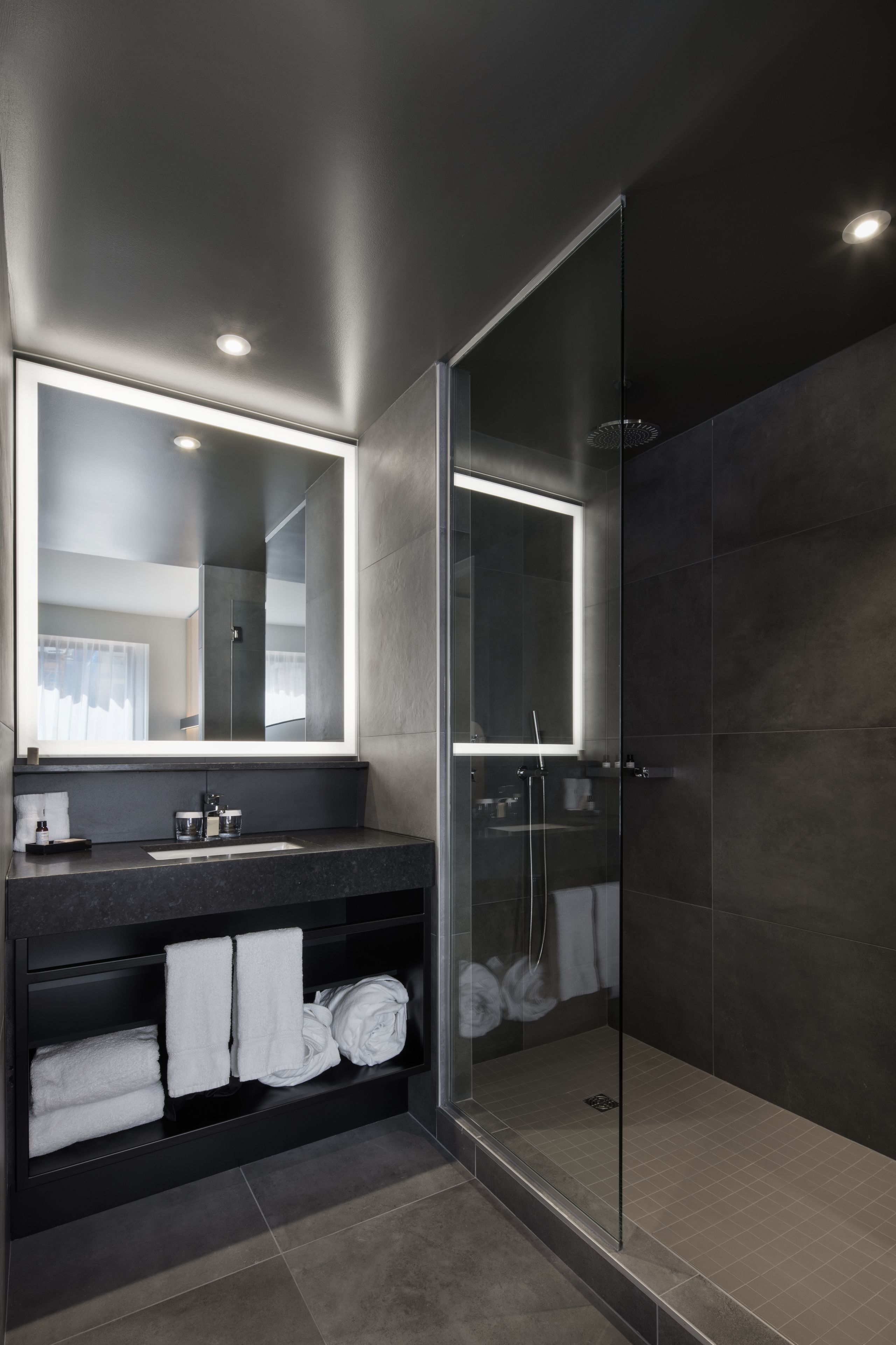 A modern bathroom with a dark-toned vanity, a large mirror, and a glass-enclosed shower area.