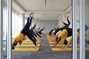 A group of people performing yoga in a well-lit room with large windows and a carpeted floor.