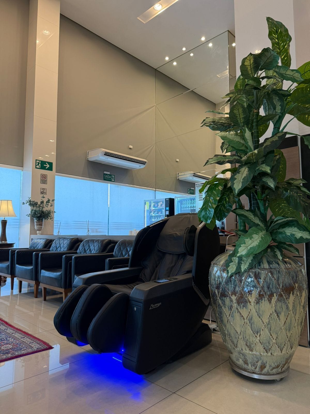 A massage chair, a large potted plant, and a reception area with a view.