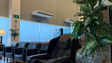 A massage chair, a large potted plant, and a reception area with a view.