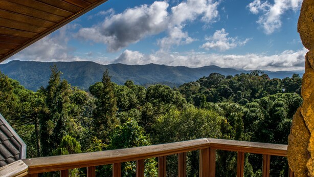 Une terrasse en bois donnant sur un paysage montagneux, avec une forêt dense et un ciel dégagé.