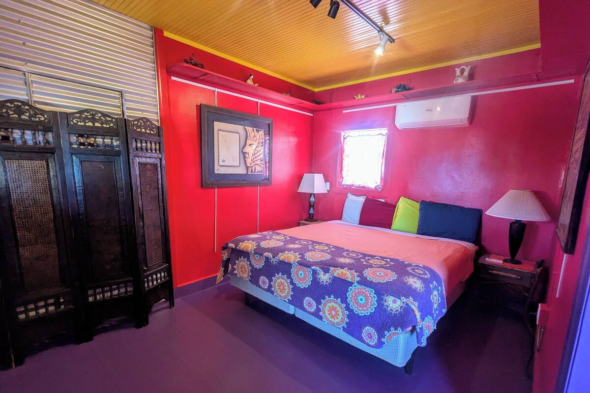 A room with a bed, a window, a wall-mounted air conditioner, and a door with a decorative panel.