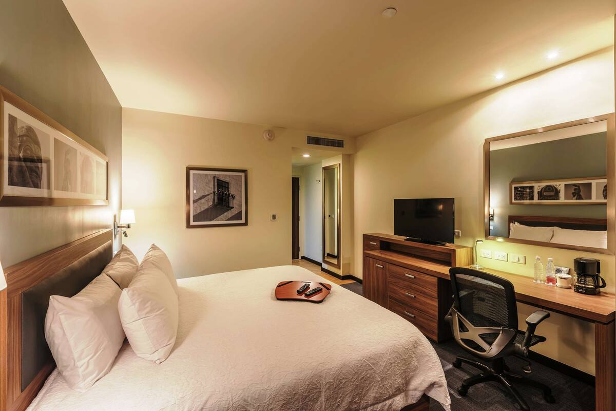 A hotel room with a bed, a desk, a chair, a TV, and a mirror.