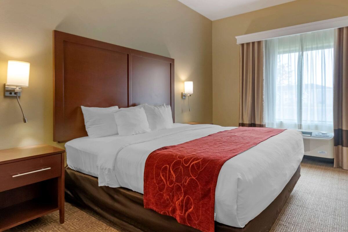 A hotel room with a large bed, a wooden headboard, two bedside lamps, a red throw blanket, and a window with curtains.