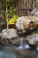 Formación rocosa con una cascada pequeña en un jardín.