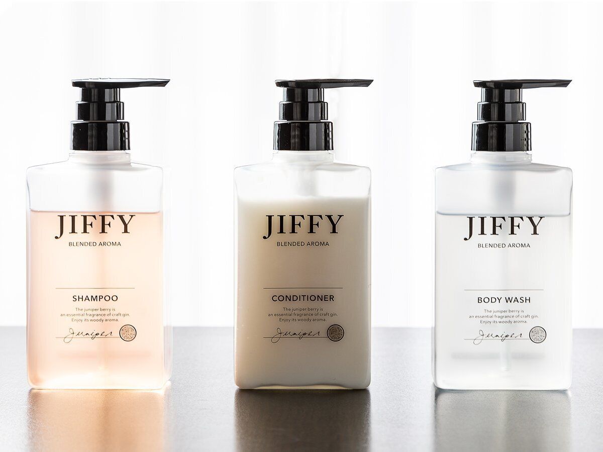 Three Jiffy Blended Aroma products: Shampoo, Conditioner, and Body Wash.