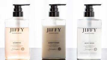 Three Jiffy Blended Aroma products: Shampoo, Conditioner, and Body Wash.