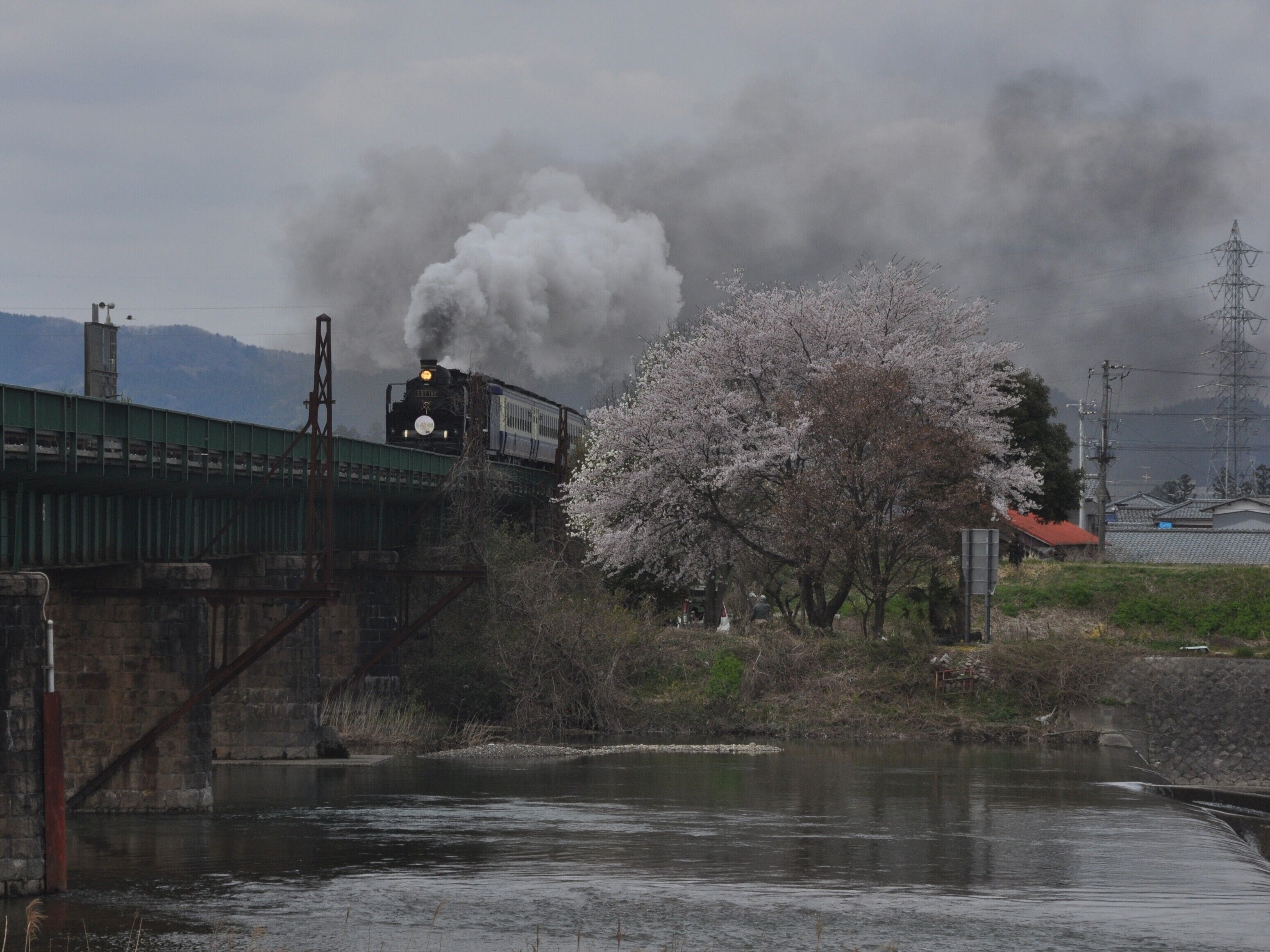 A steam train crossing a bridge over a river with cherry blossoms and industrial structures in the background.