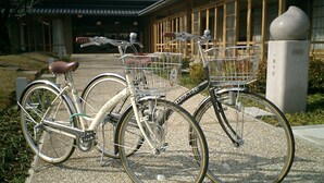 Dos bicicletas estacionadas en un área pavimentada frente a un edificio con grandes ventanales y un pilar de piedra.