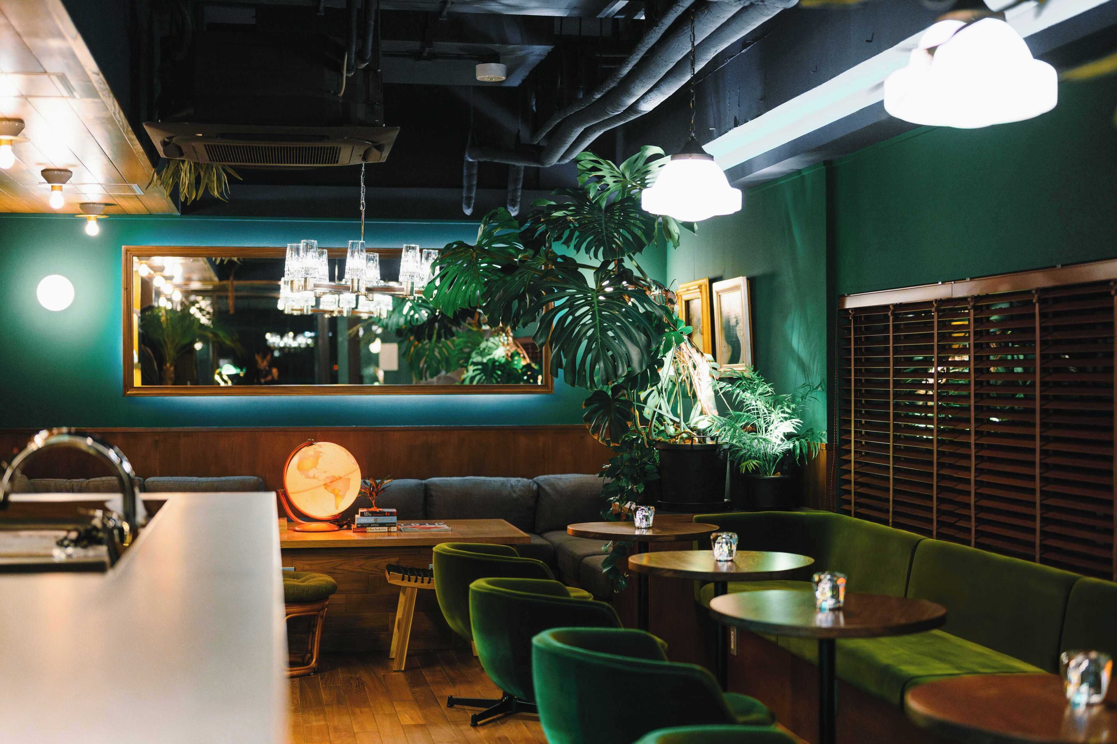 L’intérieur chaleureux du restaurant est agrémenté de tables en bois, de sièges recouverts d’un tissu vert et d’un grand miroir qui reflète l’espace.