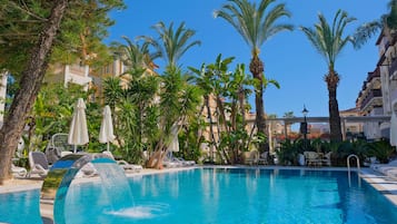 Seasonal outdoor pool, pool umbrellas, pool loungers