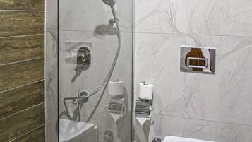 A modern bathroom with a glass shower enclosure, a toilet, and a sink.