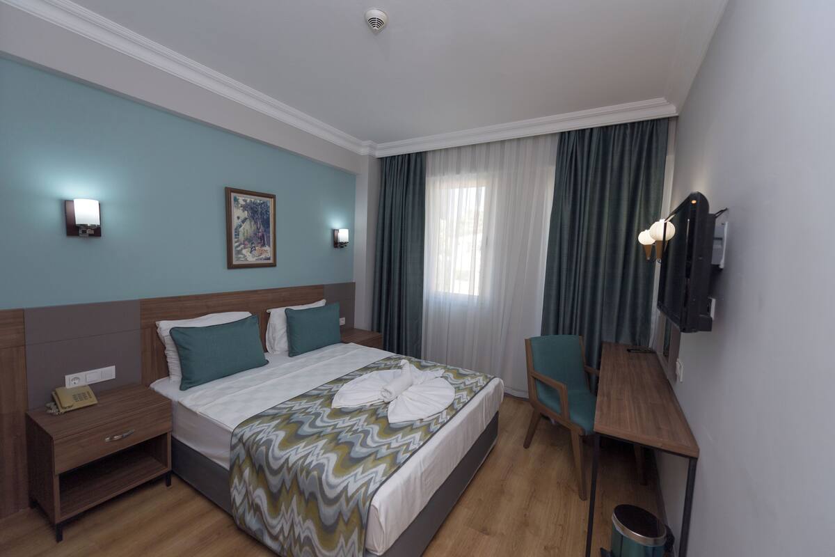 Quarto de hotel com uma cama, uma escrivaninha, uma cadeira, uma televisão e um quadro na parede.
