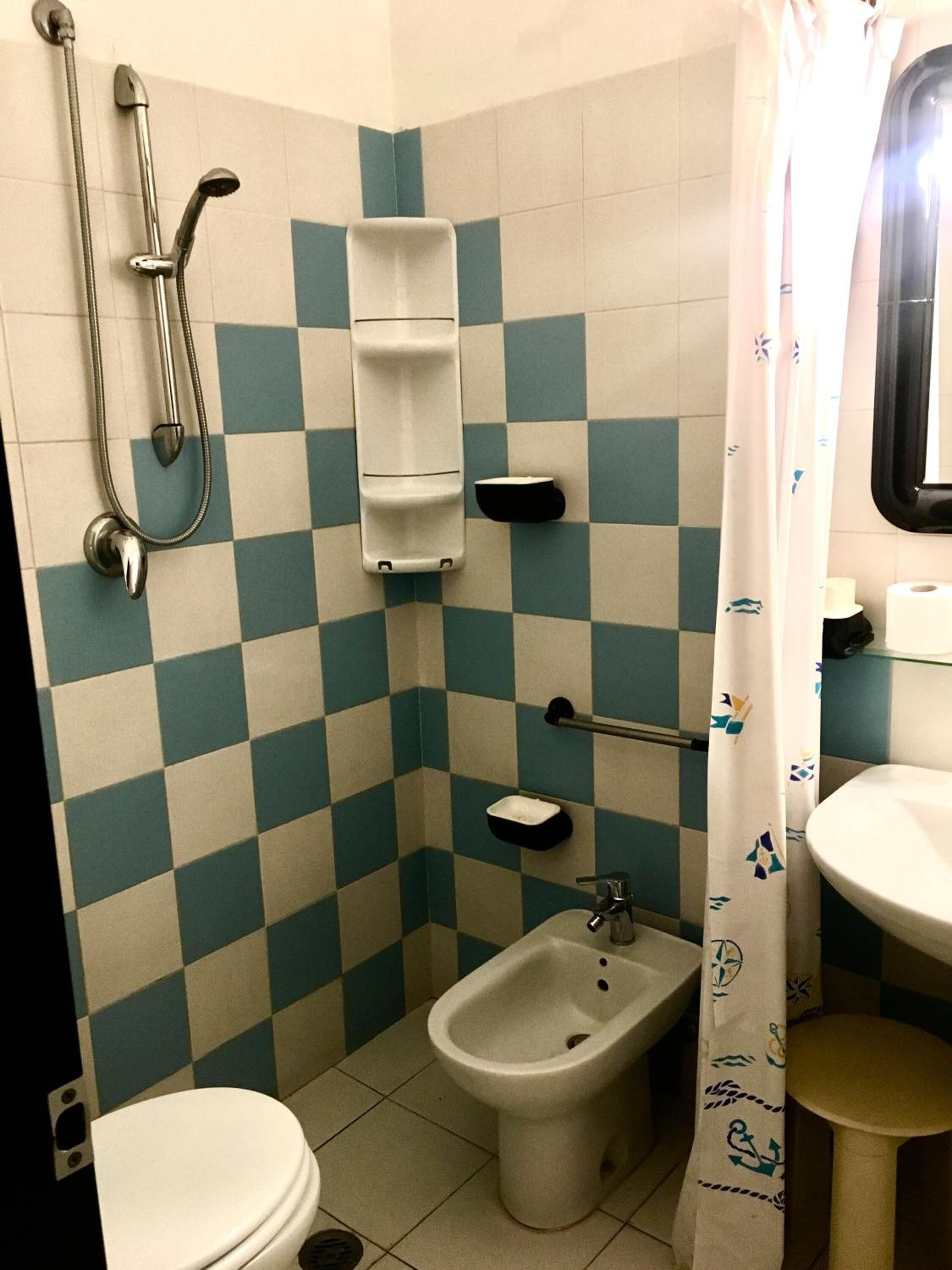A bathroom with a checkered tile wall, a bidet, a toilet, and a shower.