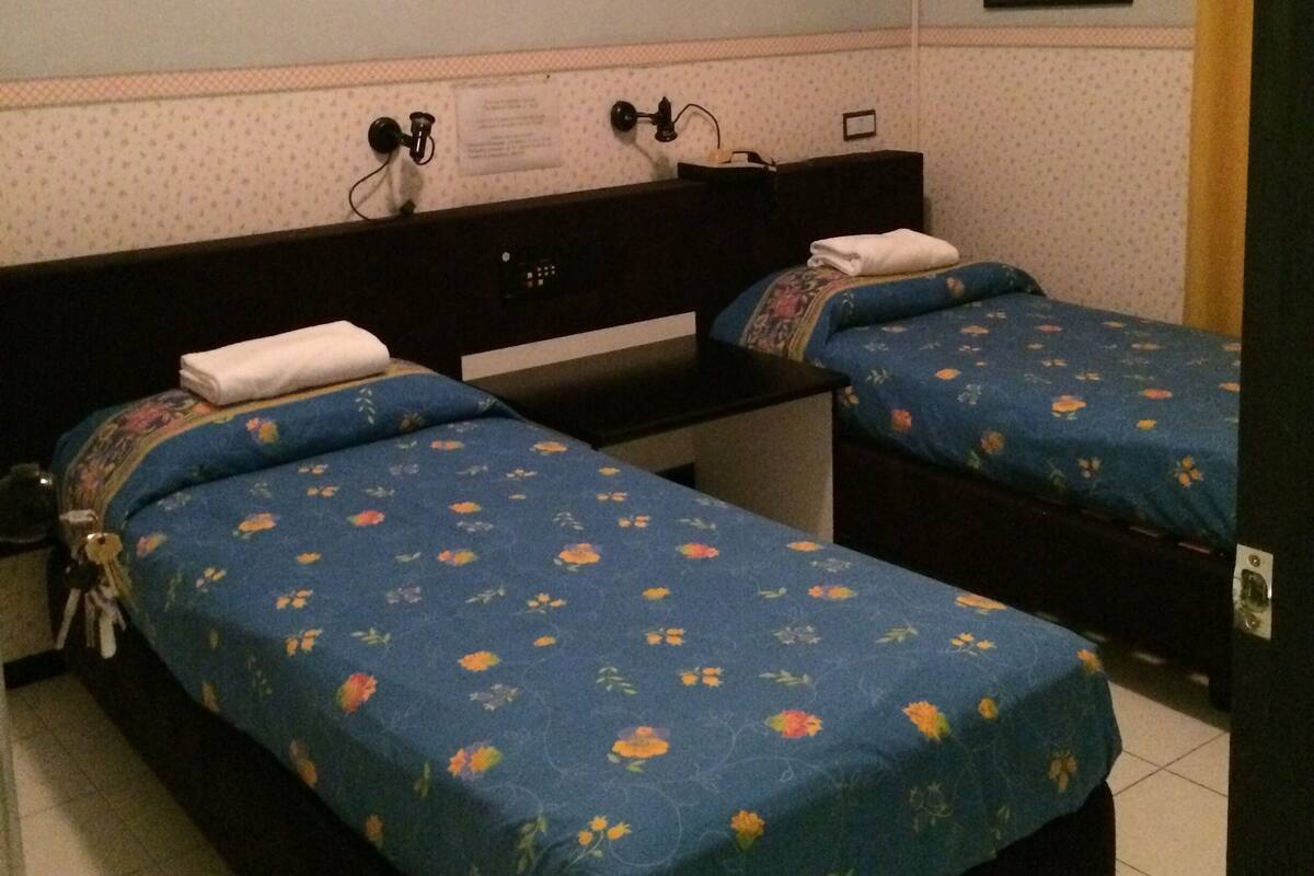 Une chambre d’hôtel avec deux lits simples, un petit bureau, un appareil de climatisation et un tableau encadré au mur.