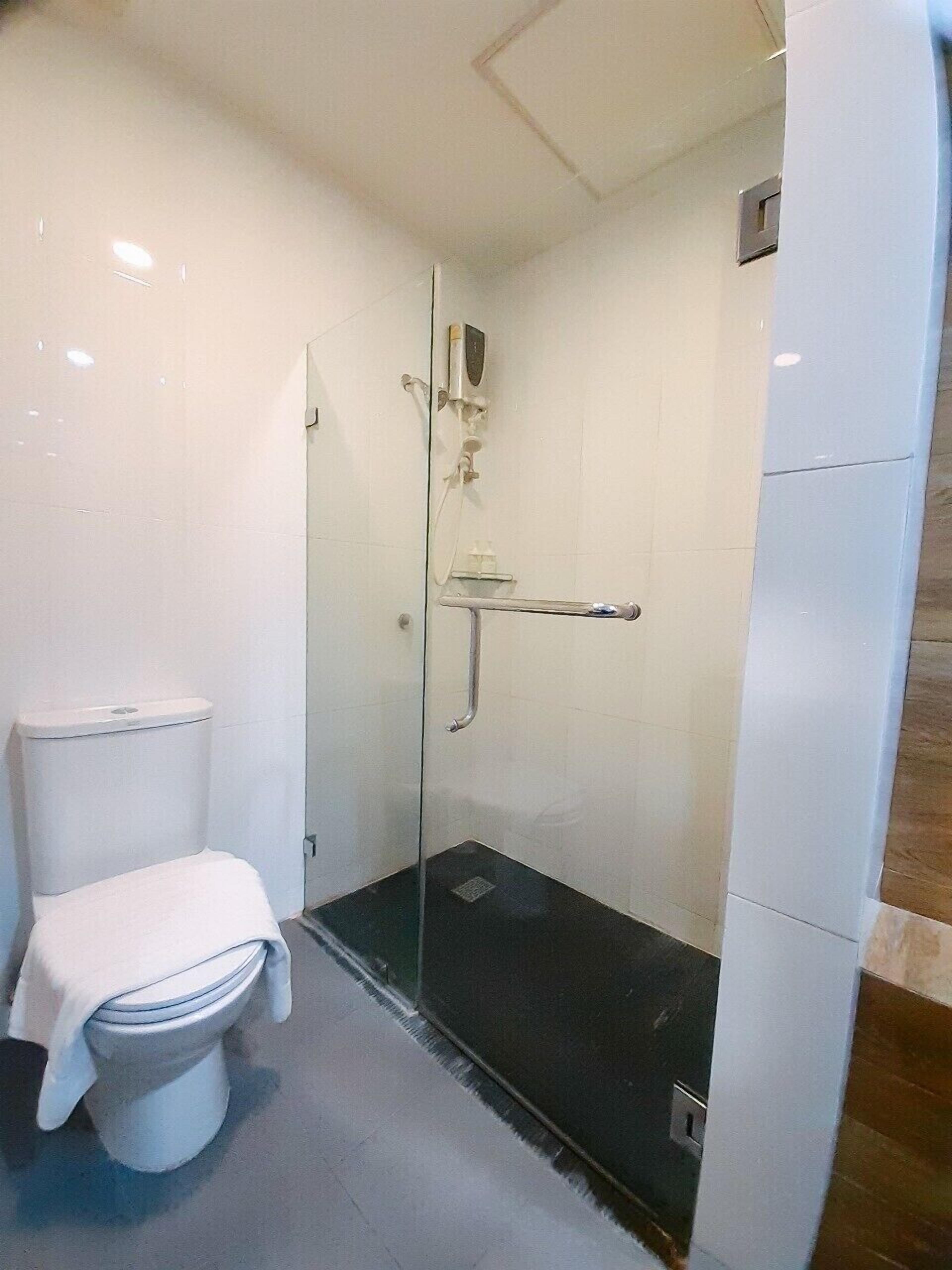 A bathroom with a toilet, a shower enclosure, and a glass door.