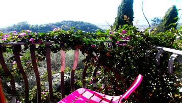 A balcony with a metal railing, a pink chair, and a view of a hilly landscape.
