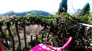 A balcony with a metal railing, a pink chair, and a view of a hilly landscape. - Belle Èpoque - La Villa Imperiale (Carrara)