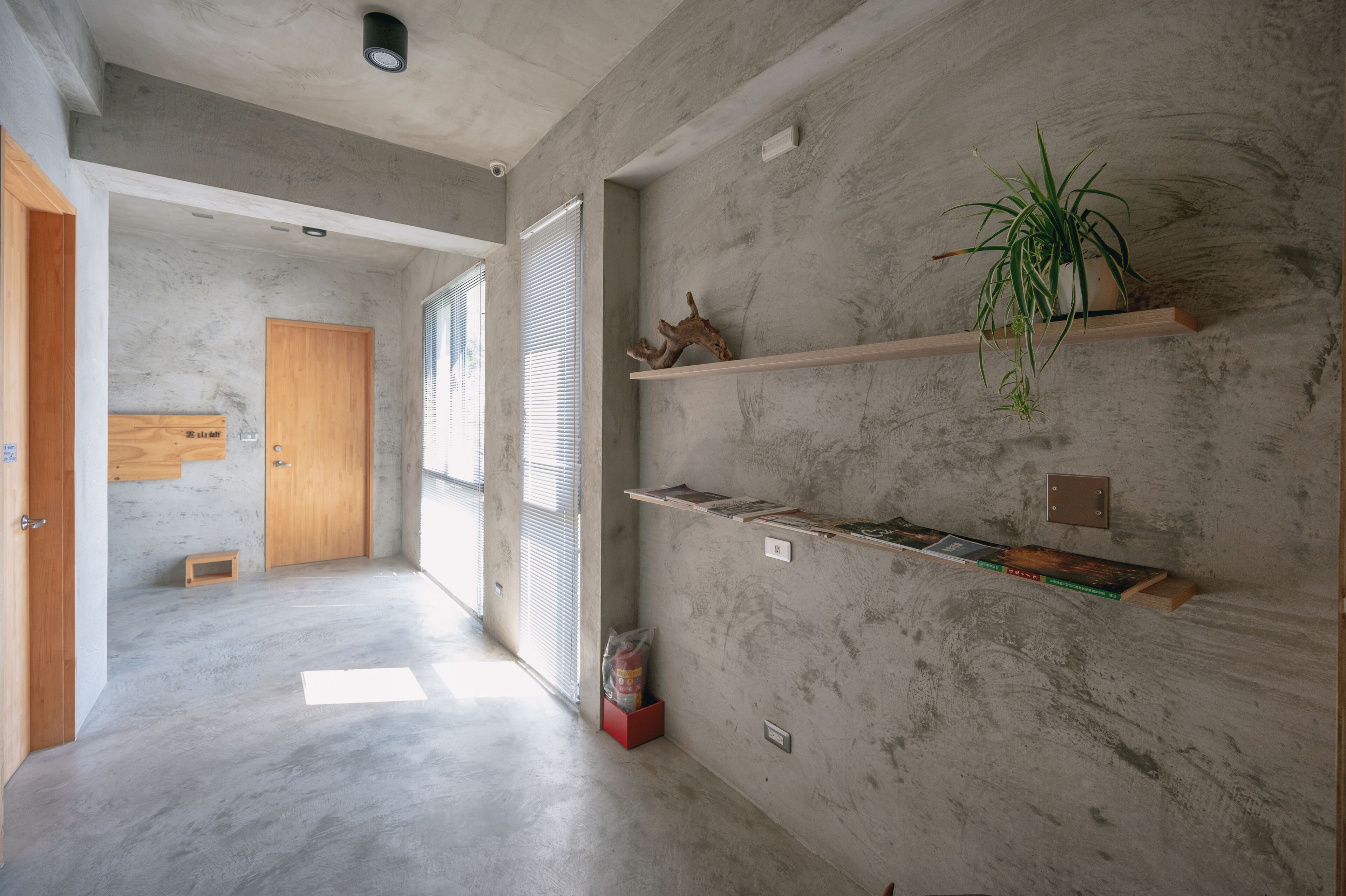 Un couloir aux murs en béton, aux portes en bois et où se trouve une plante posée sur une étagère.