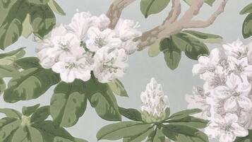A wallpaper with a floral pattern featuring branches and leaves.