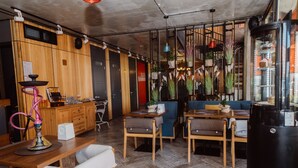 Un café moderno con muebles de madera, una zona de bar y plantas colgantes.