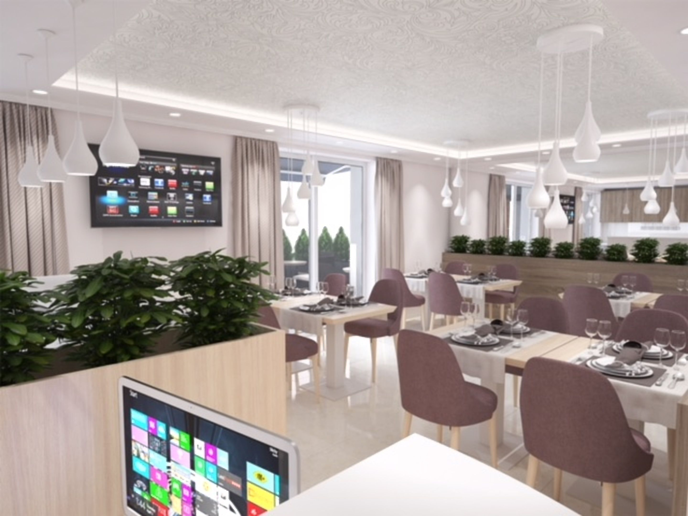 A modern dining area with white tables, purple chairs, and pendant lighting.