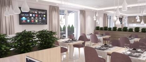 A modern dining area with white tables, purple chairs, and pendant lighting.