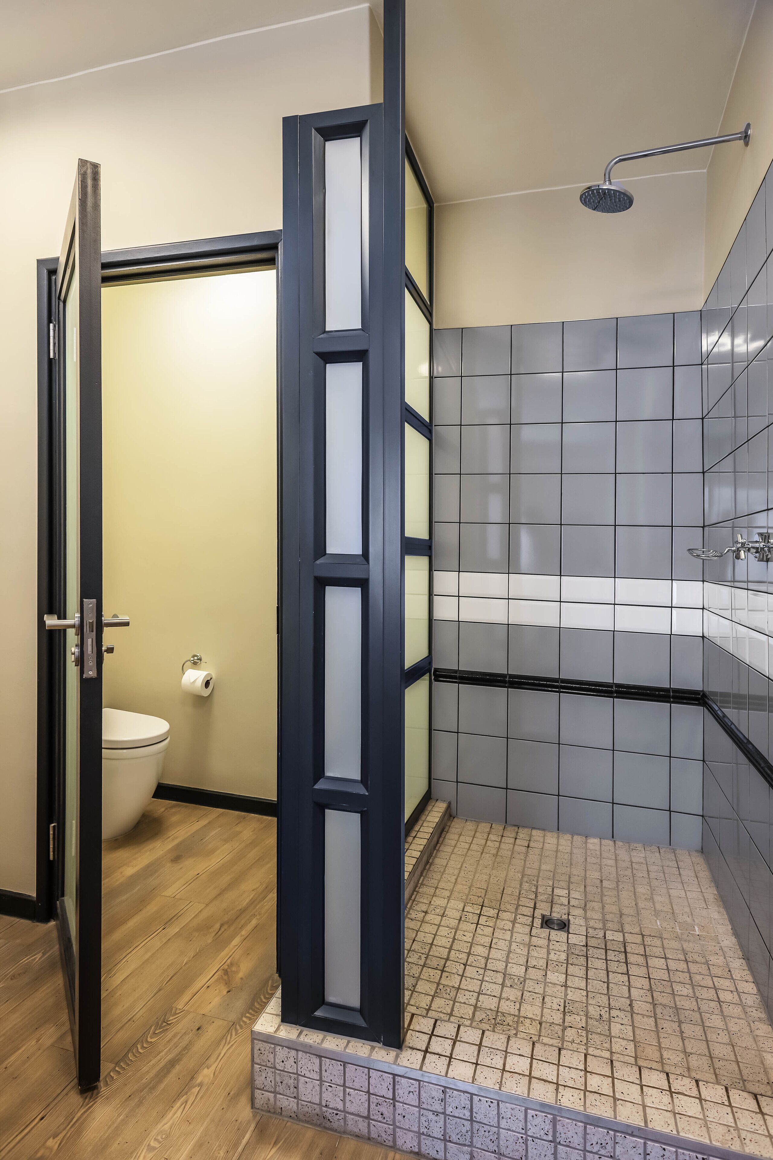 Une salle de bain avec douche, toilettes et une porte donnant sur une autre pièce.