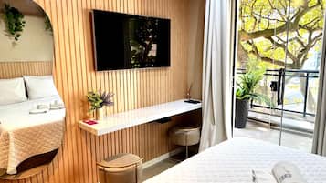 Blackout curtains, iron/ironing board, bed sheets