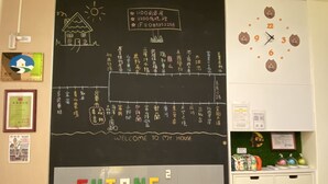 Uma sala de aula com um quadro-negro exibindo um mapa e a frase 'WELCOME TO MY HOUSE'.