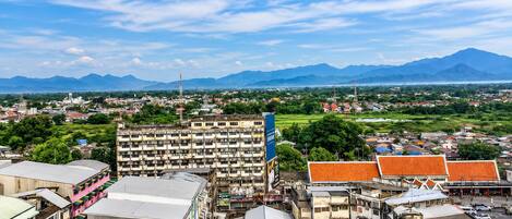 A cityscape with a mix of residential and commercial buildings, a prominent blue sign, and a mountainous backdrop.