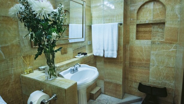 A bathroom with a sink, mirror, and a vase of flowers. - La Isabela Suites (Panama City)
