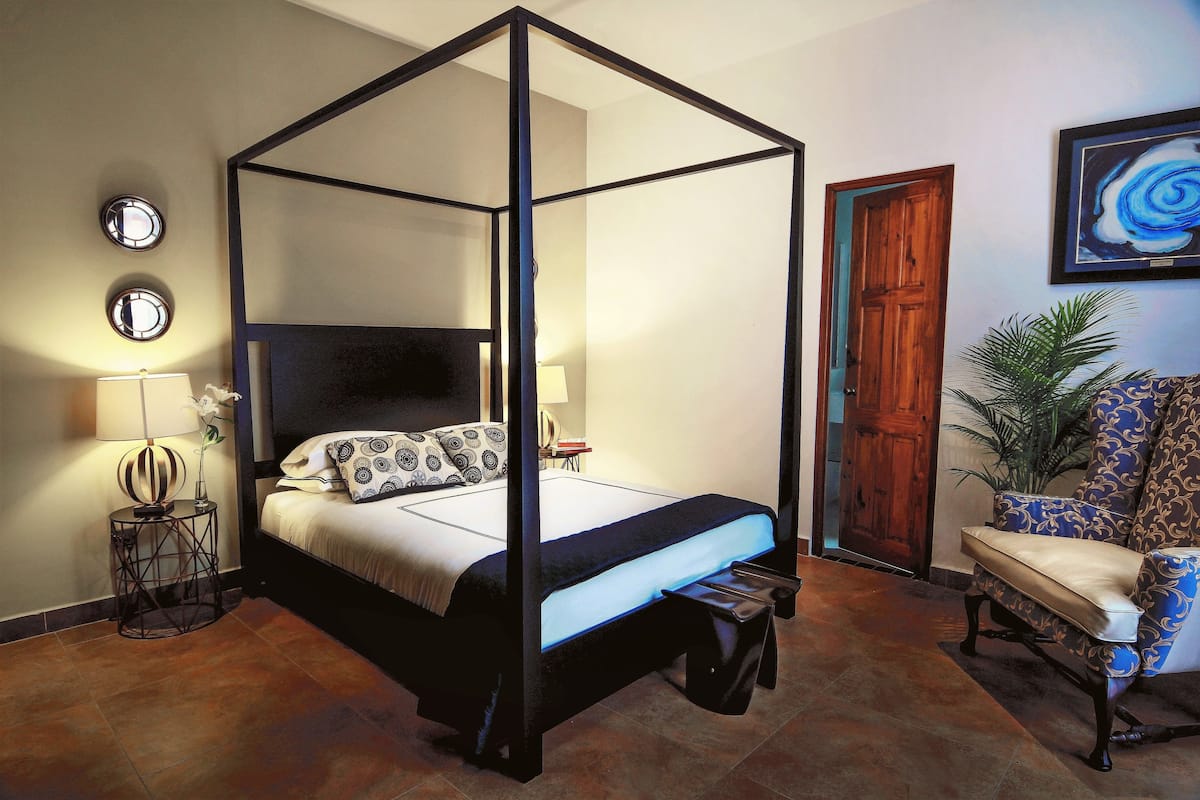 Una cama con dosel y estructura negra, una mesita de noche con lámpara, almohadones estampados y una silla con tapicería azul.