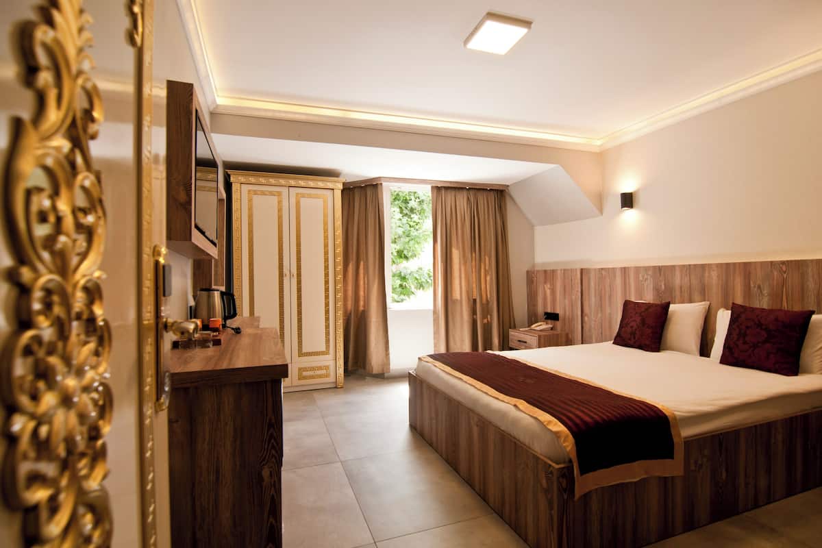 A hotel room with a large bed, wooden headboard, a desk with a mirror, and a view of the outdoors through a door.
