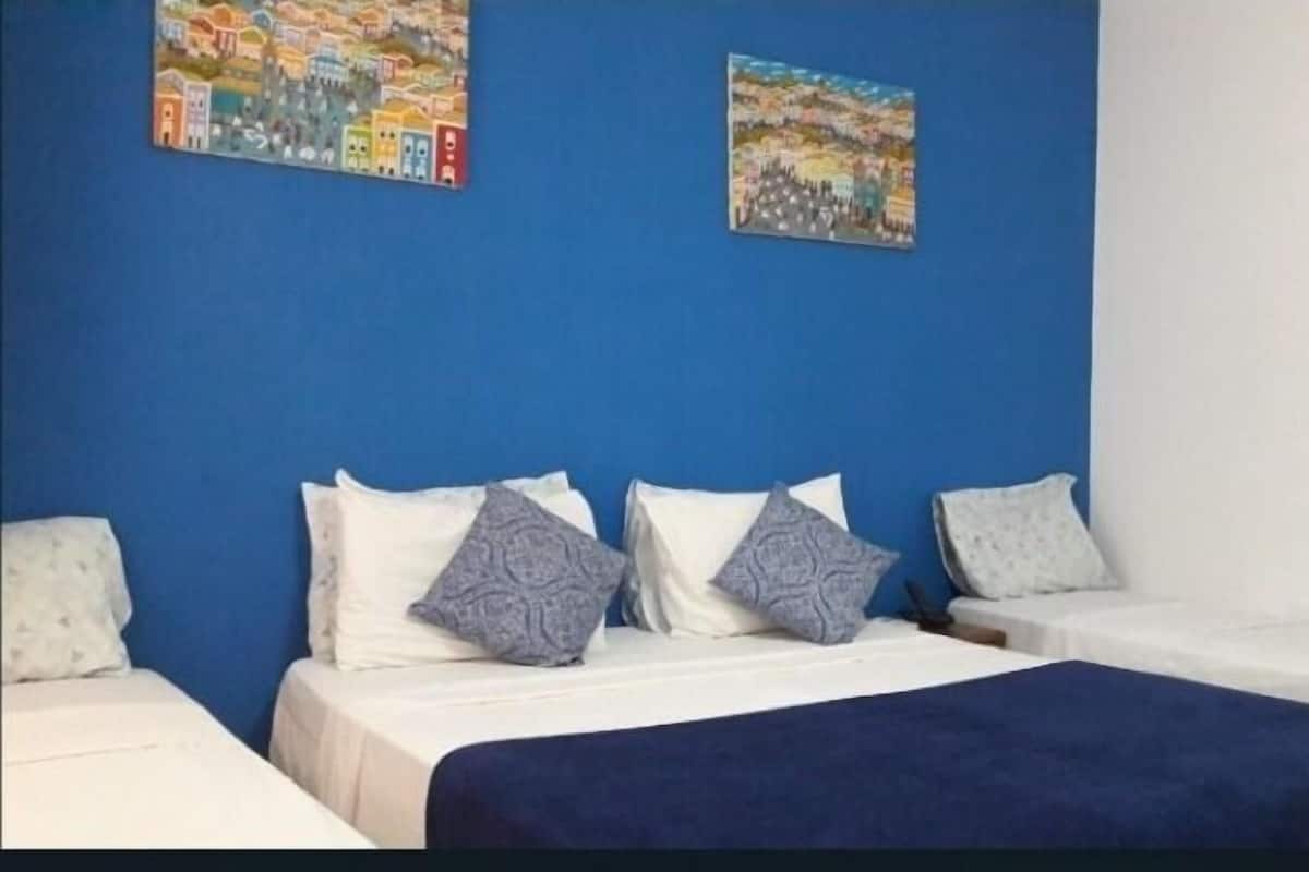 A room with two beds, each with a blue blanket and patterned pillows, against a blue wall with two colorful paintings.