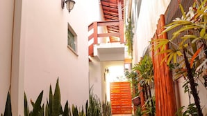 Une ruelle étroite avec une porte en bois, des plantes en pot et une petite fenêtre.