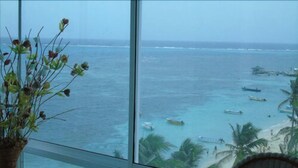 A view of the ocean from a window with a plant in the foreground. - Kristhal Plaza (San Andrés)