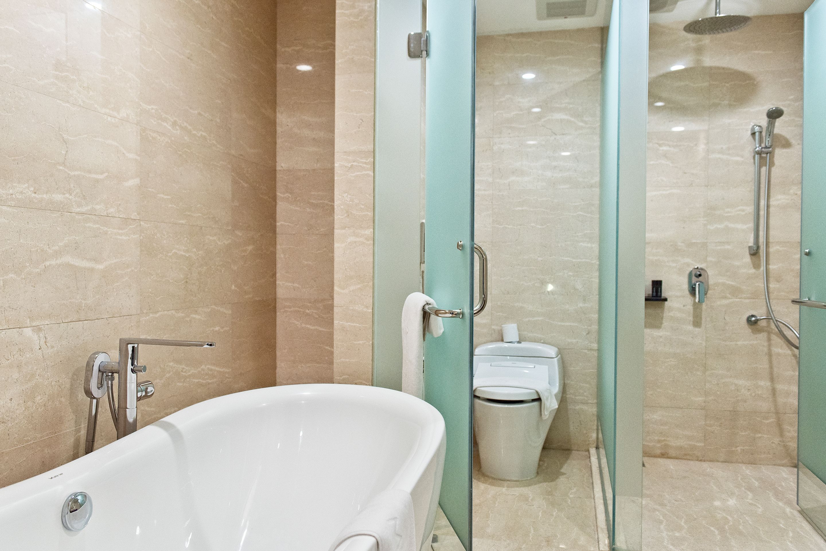 shower, rainfall showerhead, eco-friendly toiletries, hair dryer