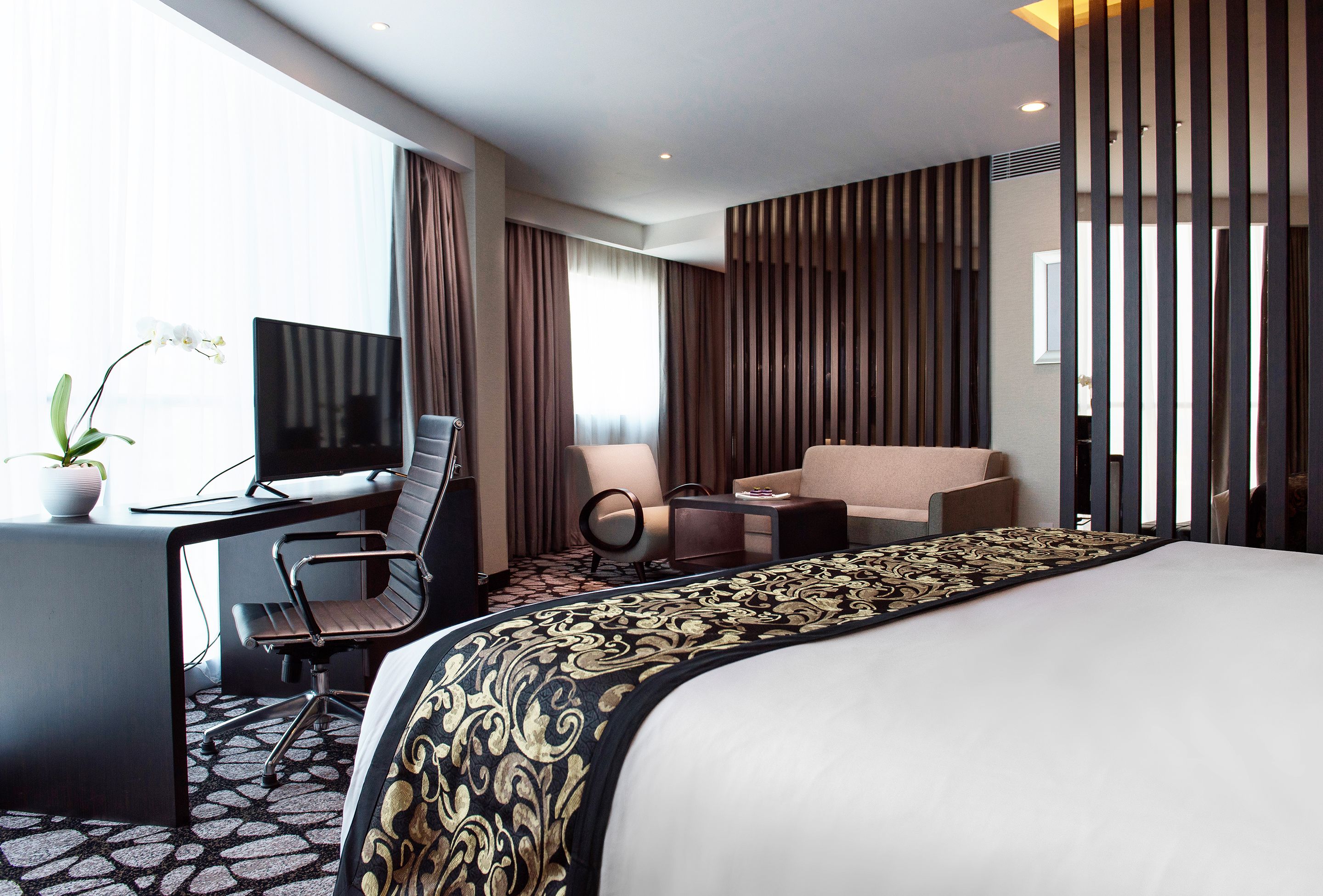Una habitación de hotel con una cama grande, un escritorio con computadora, una silla, un sofá y un televisor.