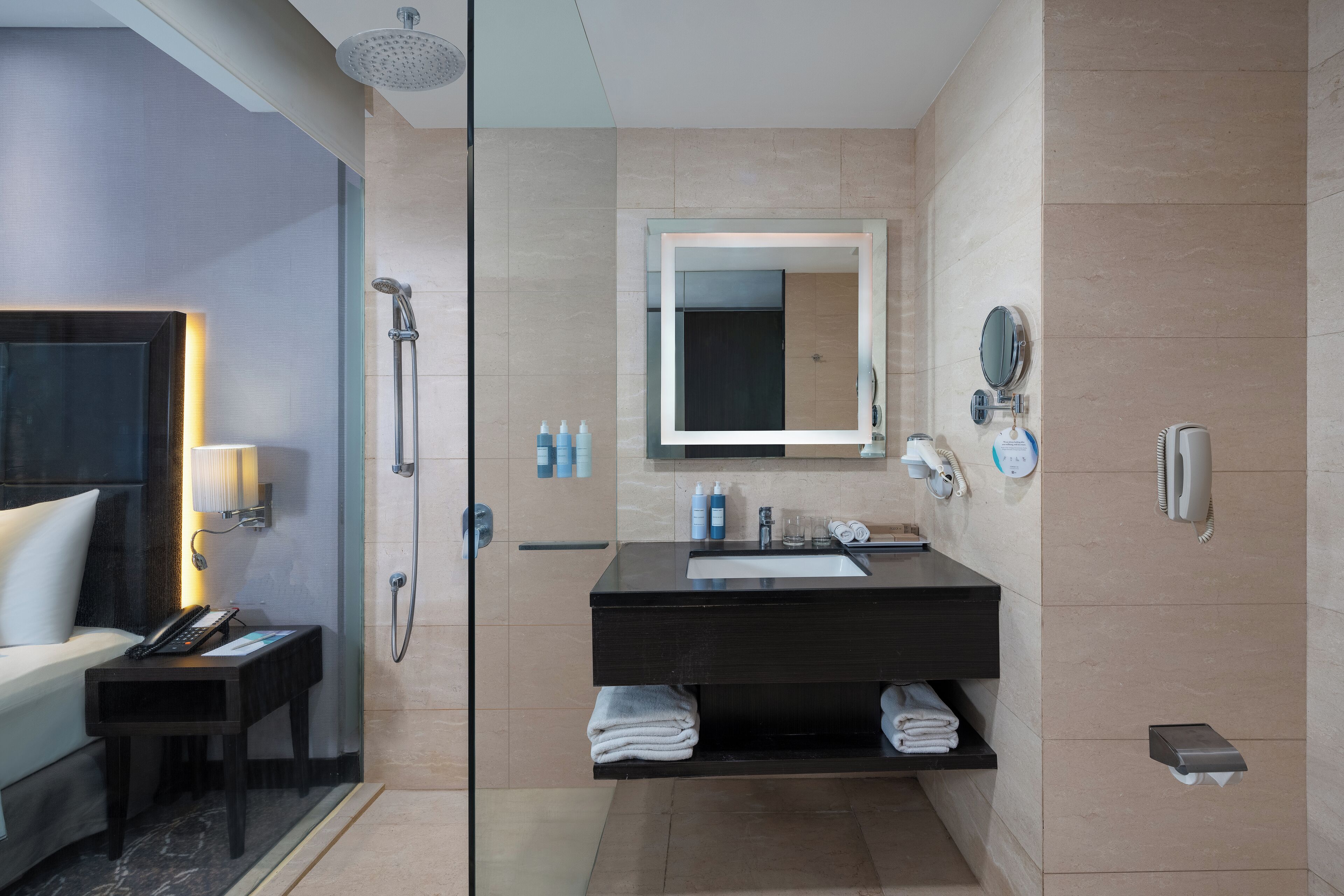 shower, rainfall showerhead, eco-friendly toiletries, hair dryer