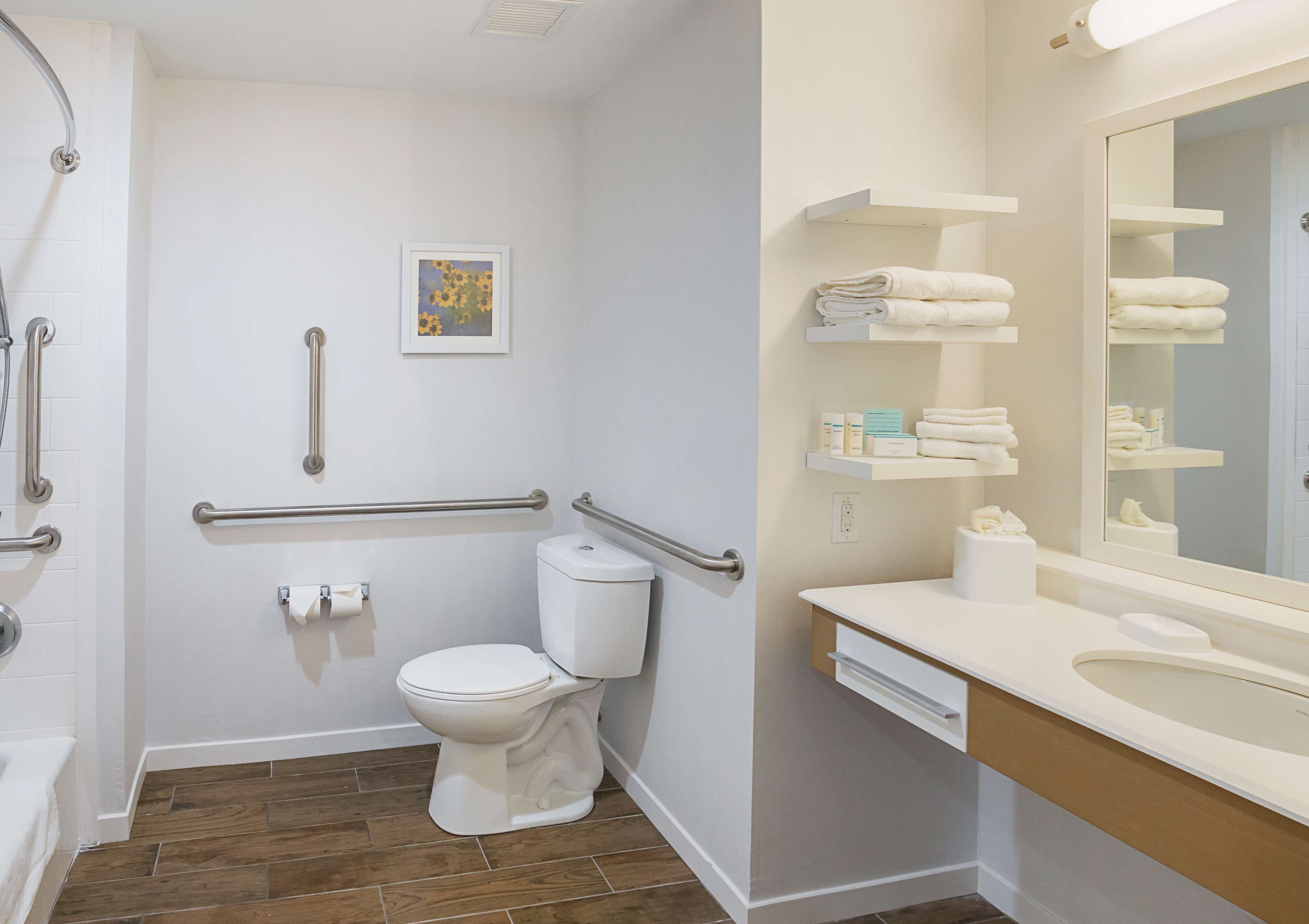 A modern bathroom with a toilet, handrails, a shower area, a sink with a mirror, and neatly arranged towels.