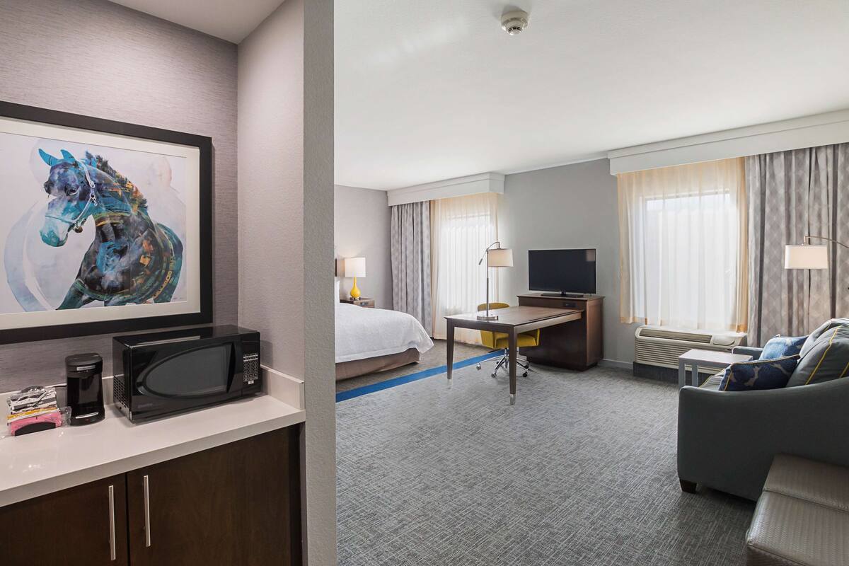 A hotel room with a bed, a desk, a couch, a TV, and a framed artwork on the wall.