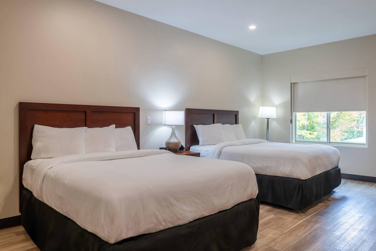 A hotel room with two beds, a window, and a lamp.