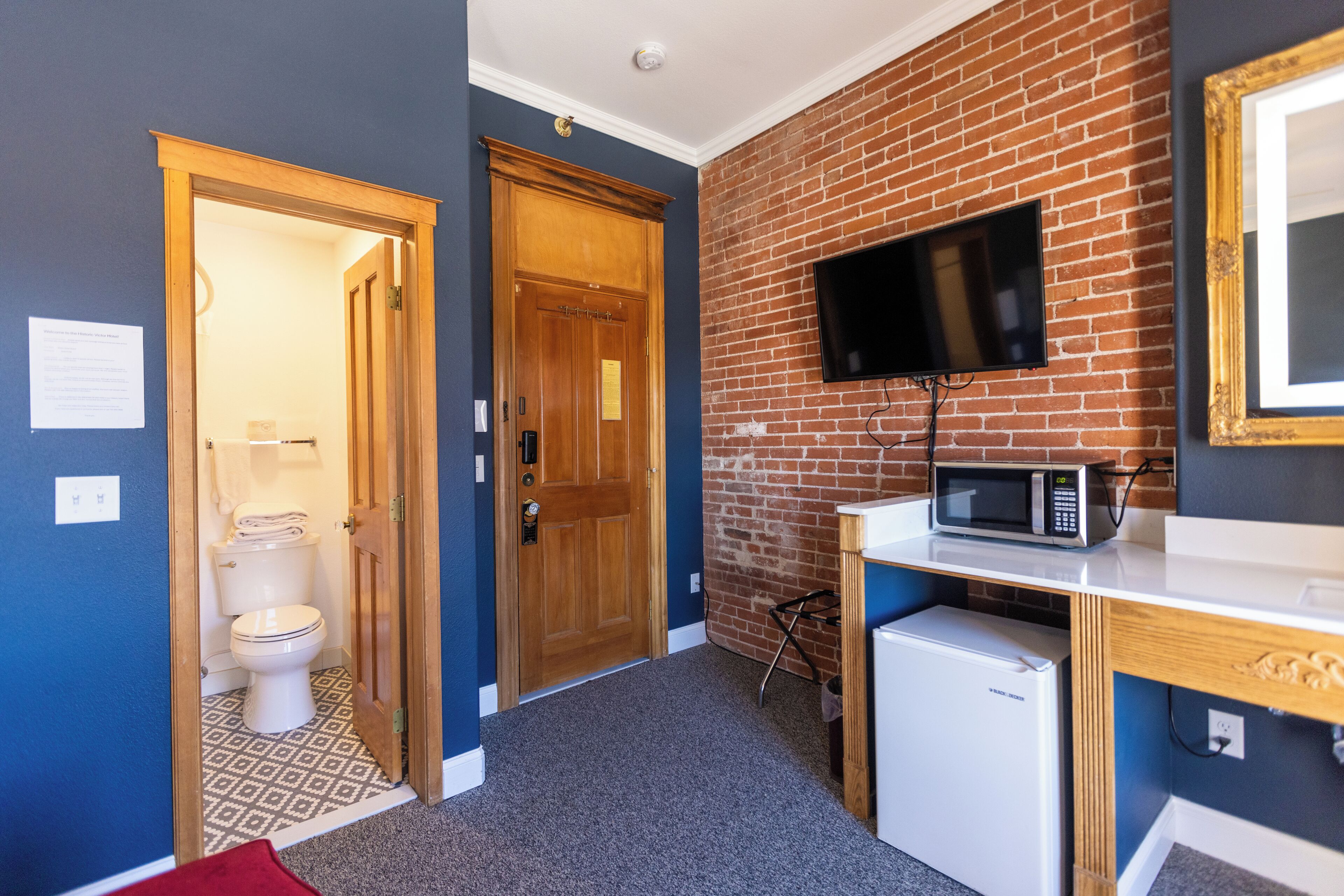 A compact room with a toilet, a wooden door, a brick wall, a television, and a microwave.
